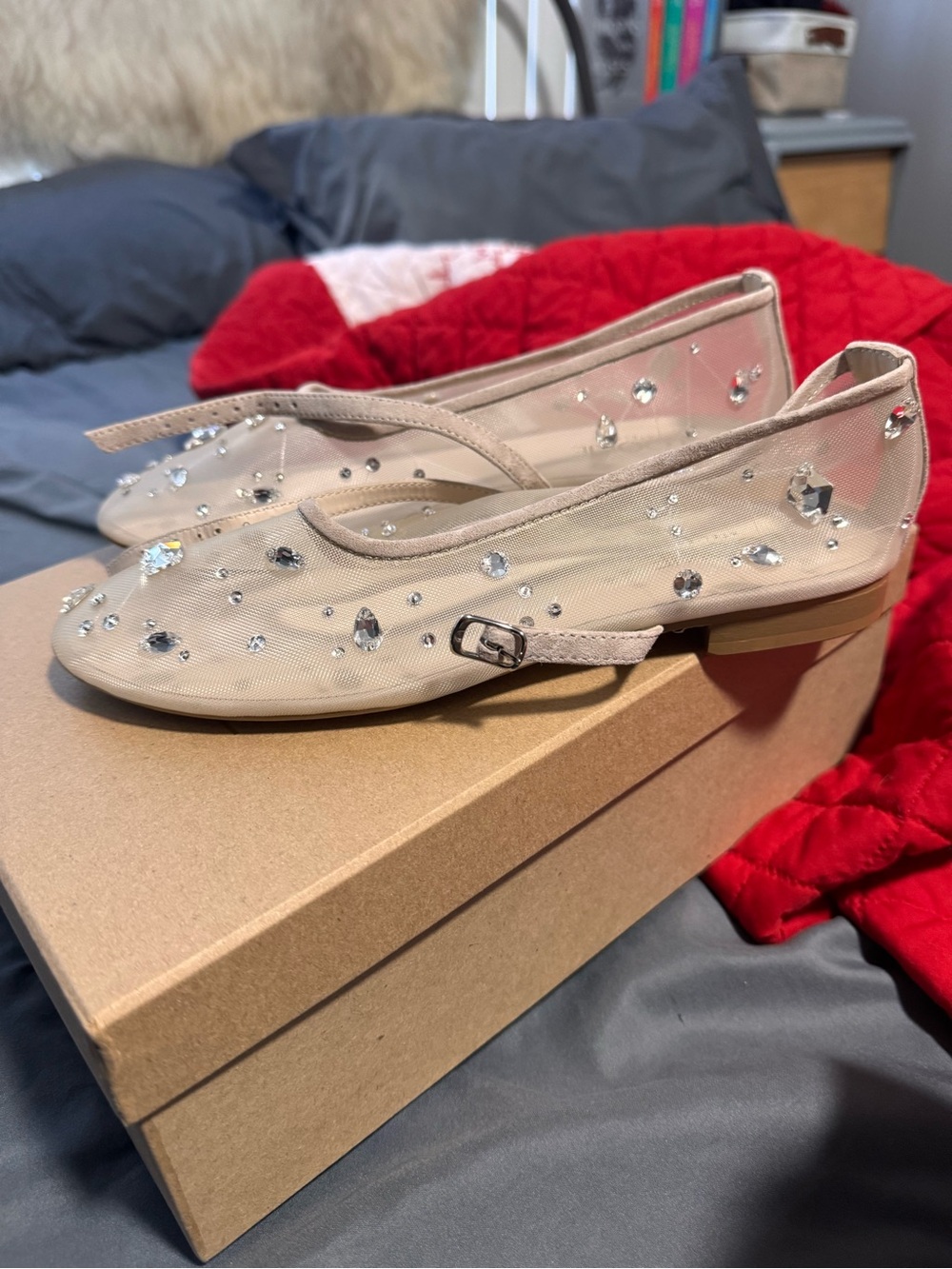 Embellished Nude Mesh Ballet Flats with Crystal Accents - Picture 4 of 7